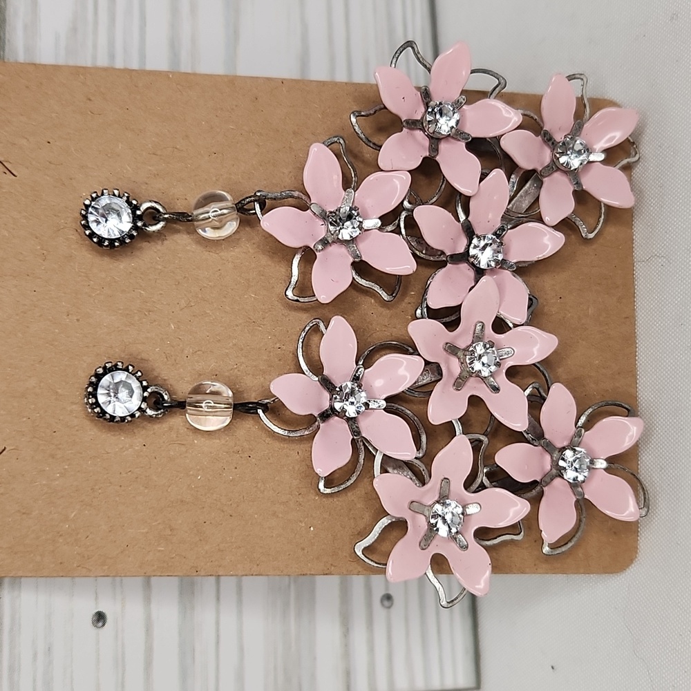 Pink Flowers w/Rhinestones on Silver Dangling Earrings